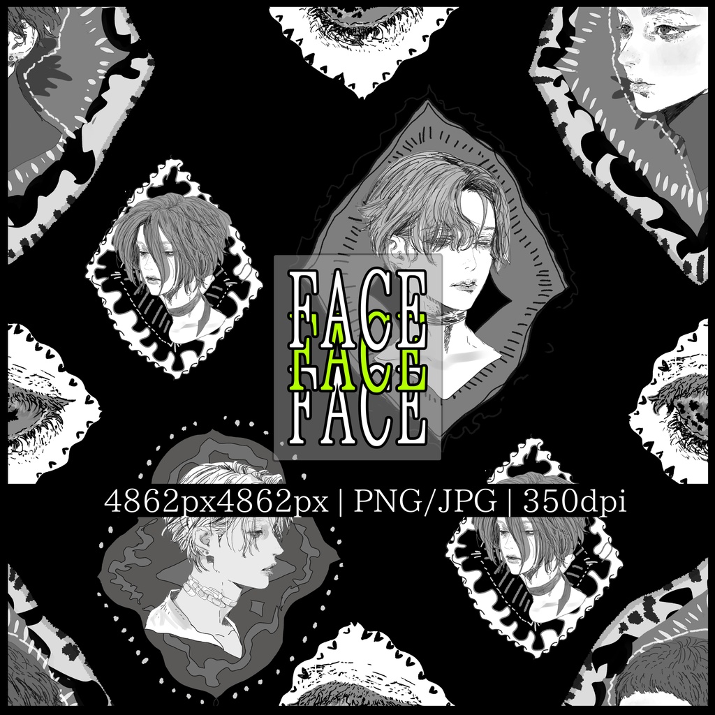【PNG/JPG】手描きの顔のシームレスパターン | Hand-drawn Face Tile