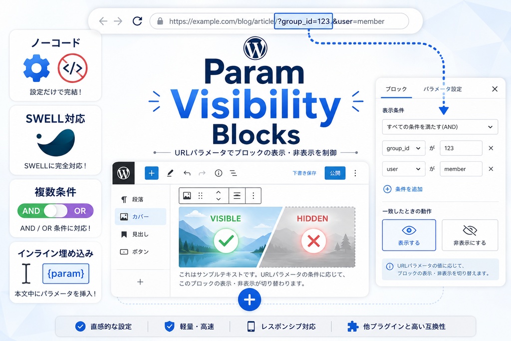 【WordPressプラグイン】 パラメータでブロックの出し分け&数値埋め込みをノーコードで実現!Param Visibility Blocks
