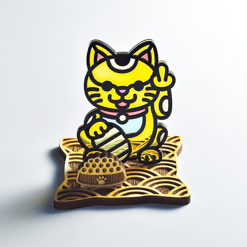 【Moko Bastet】招き猫 中指猫 木製ベース付き