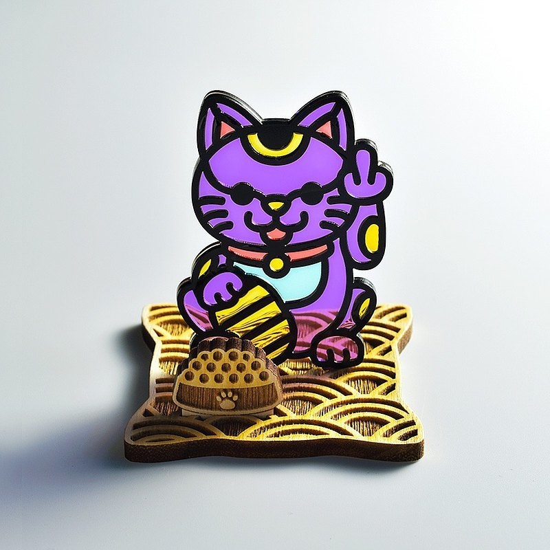 【Moko Bastet】招き猫 中指猫 木製ベース付き
