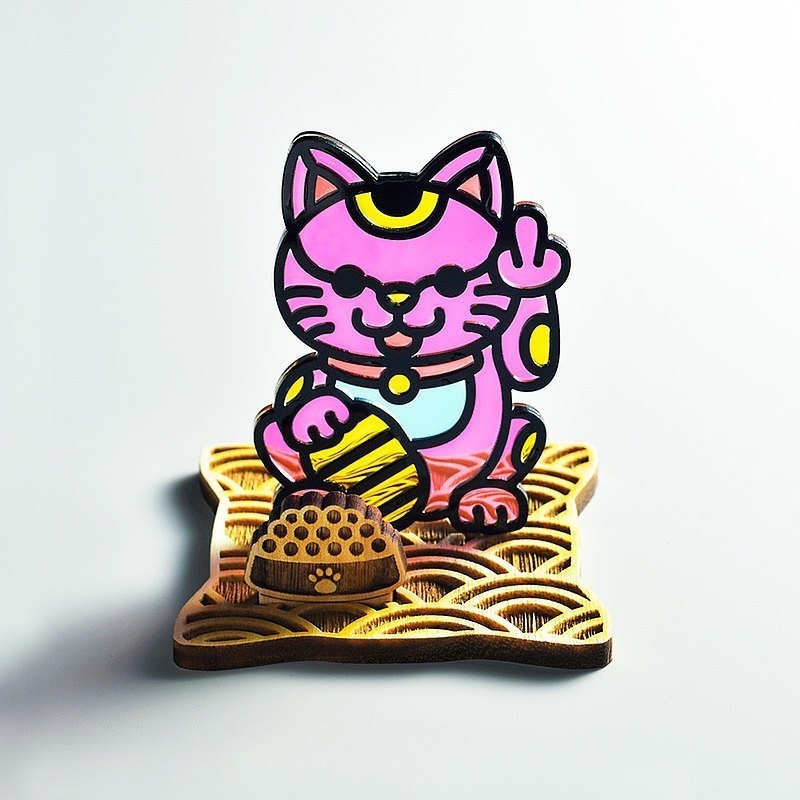 【Moko Bastet】招き猫 中指猫 木製ベース付き