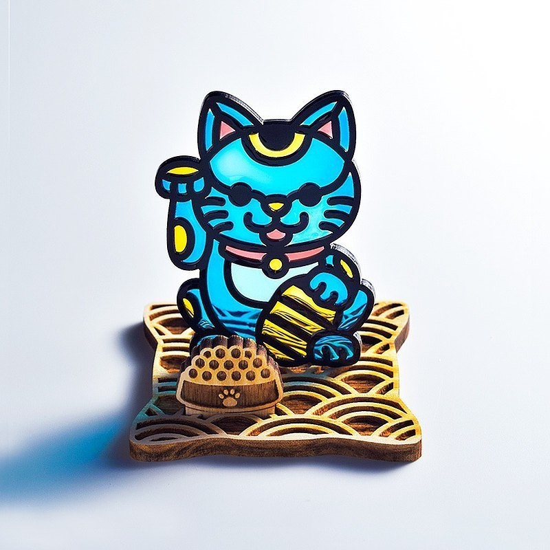 【Moko Bastet】招き猫 木製ベース付き