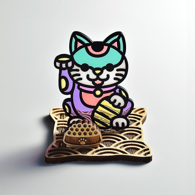 【モコバステト】招き猫・中指猫(色違い) 木製ベース付き