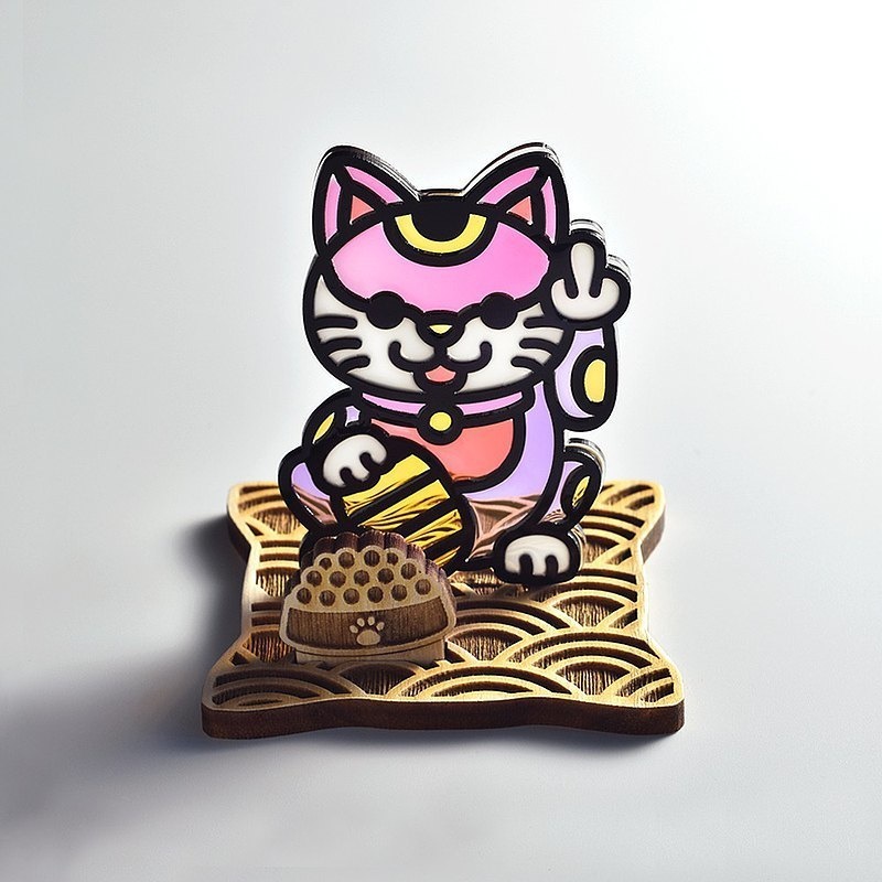 【モコバステト】招き猫・中指猫(色違い) 木製ベース付き
