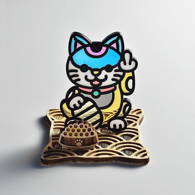 【モコバステト】招き猫・中指猫(色違い) 木製ベース付き
