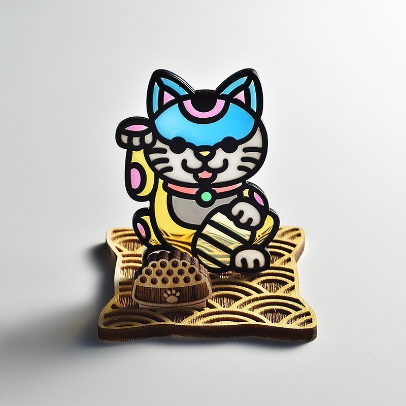 【モコバステト】招き猫・中指猫(色違い) 木製ベース付き
