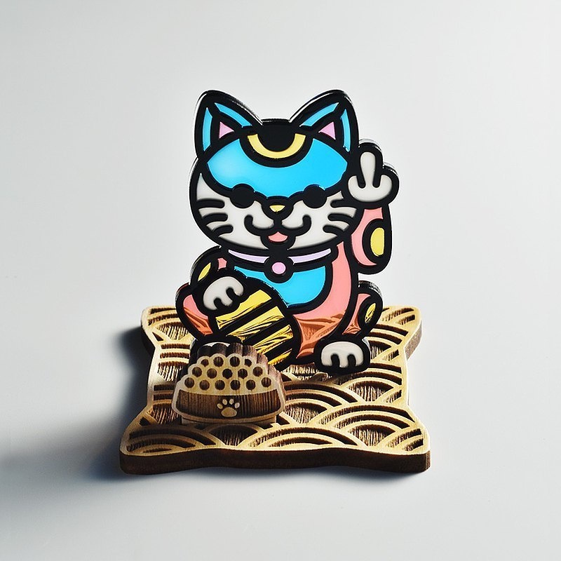【モコバステト】招き猫・中指猫(色違い) 木製ベース付き
