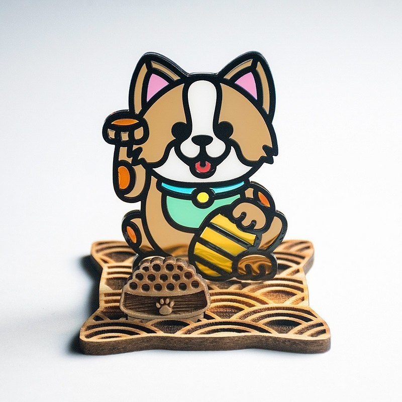 【Moko Bastet】招きコーギー 木製ベース付き|招き犬 招き猫