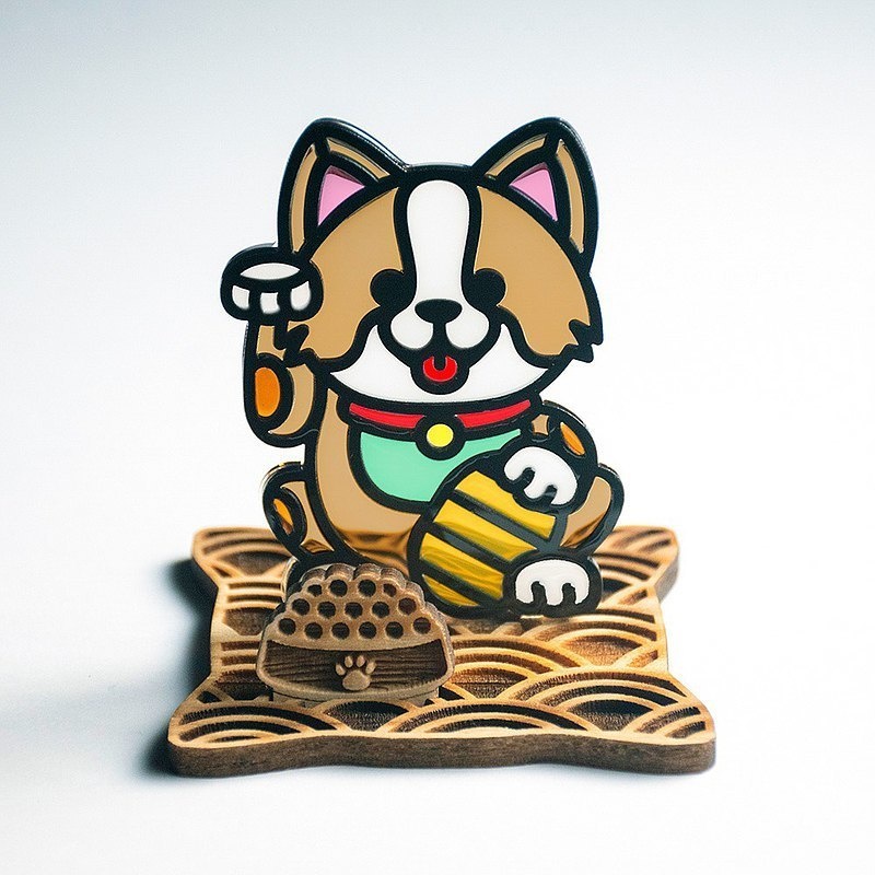 【Moko Bastet】招きコーギー 木製ベース付き|招き犬 招き猫