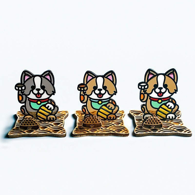 【Moko Bastet】招きコーギー 木製ベース付き｜招き犬 招き猫