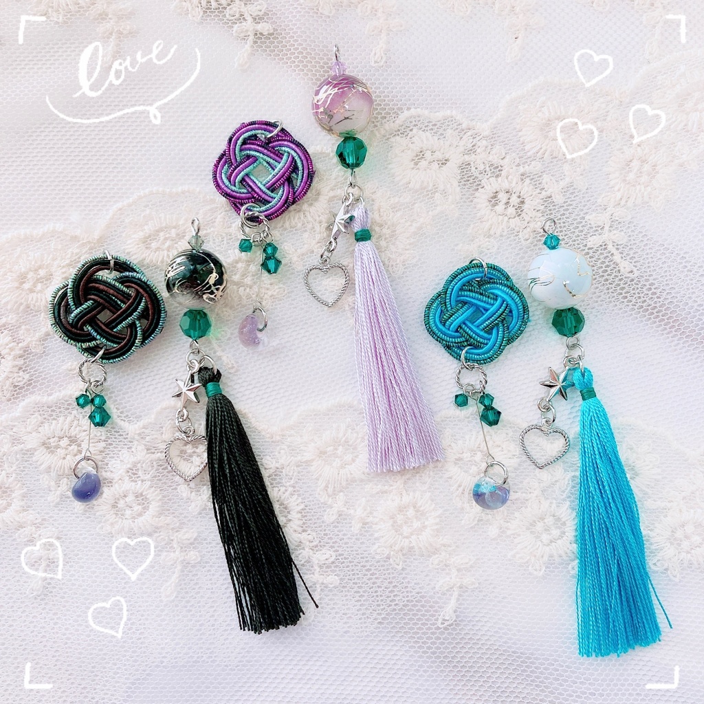 タッセルと水引のピアス/イヤリング(シルバー系)
