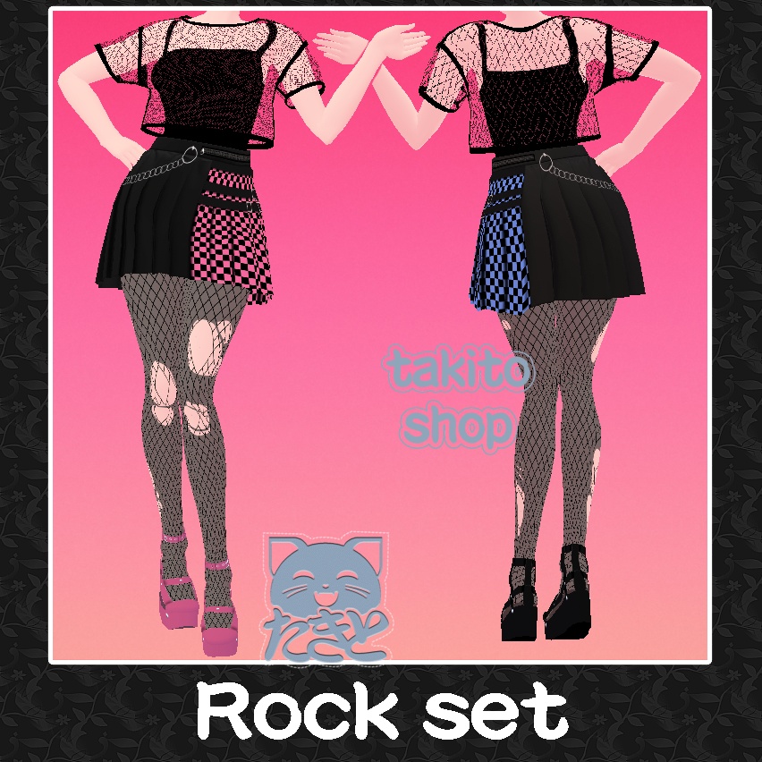 Rock set MINI TSHIRT, two colors and ripped stockings, high heels ロックセット、2色と破れたストッキング、ハイヒール