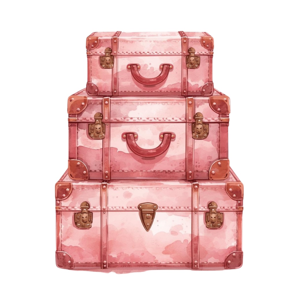 ふんわり水彩の旅素材|ピンク×アンティーク 後ろ姿人物入りクリップアート(全12点)