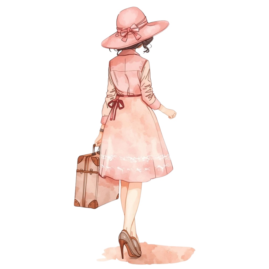 ふんわり水彩の旅素材|ピンク×アンティーク 後ろ姿人物入りクリップアート(全12点)