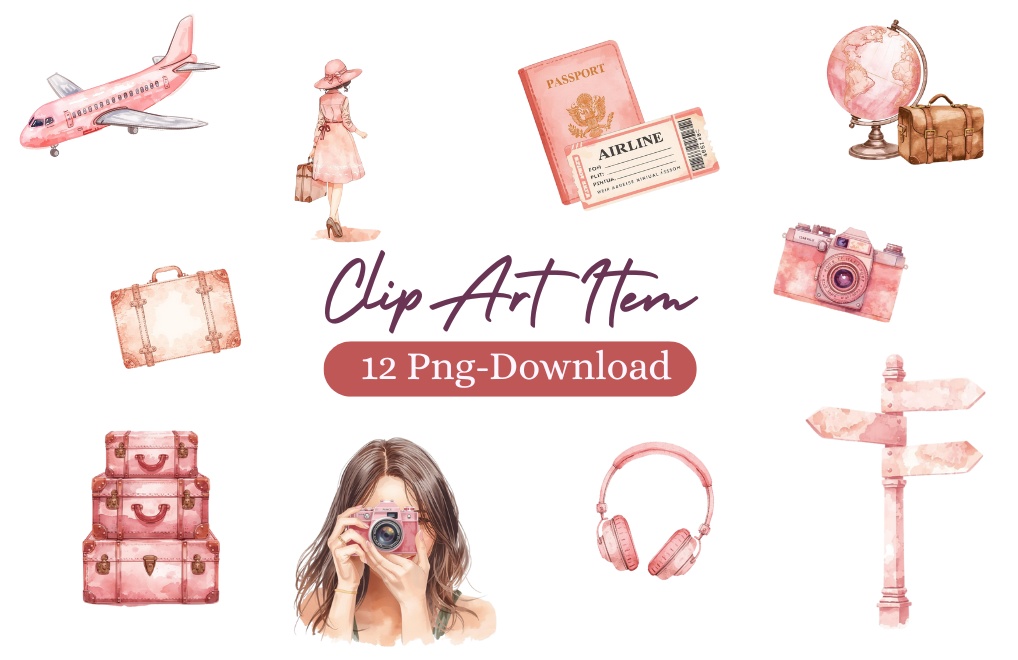 ふんわり水彩の旅素材｜ピンク×アンティーク 後ろ姿人物入りクリップアート（全12点）