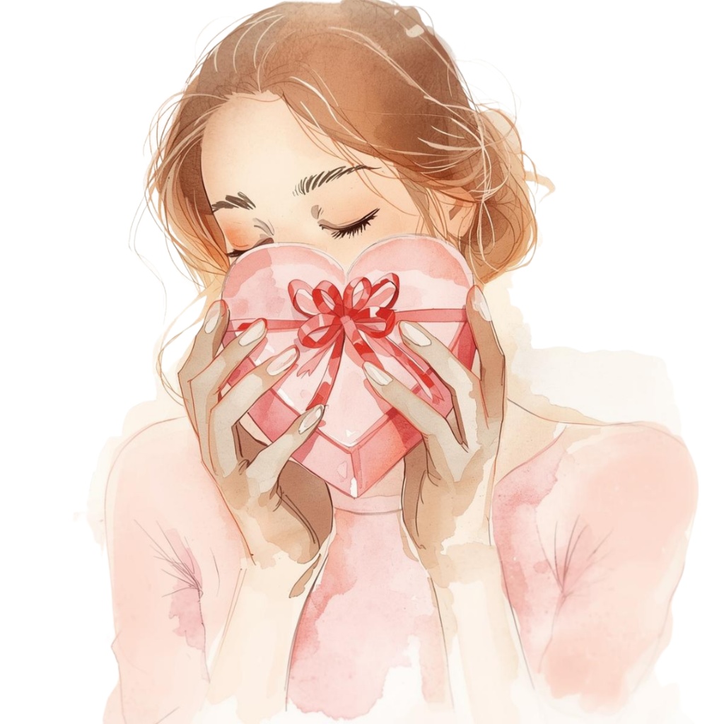 バレンタイン水彩クリップアート|女の子&チョコのやさしいイラスト素材セット(PNG)