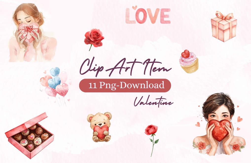 バレンタイン水彩クリップアート｜女の子＆チョコのやさしいイラスト素材セット（PNG）