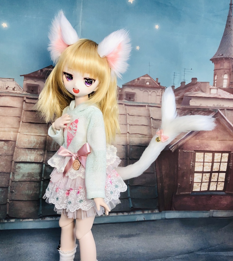 猫耳&二又しっぽセット/ホワイト×ピンク/DD*SD*MDD*MSD*40～60cmドールさん用