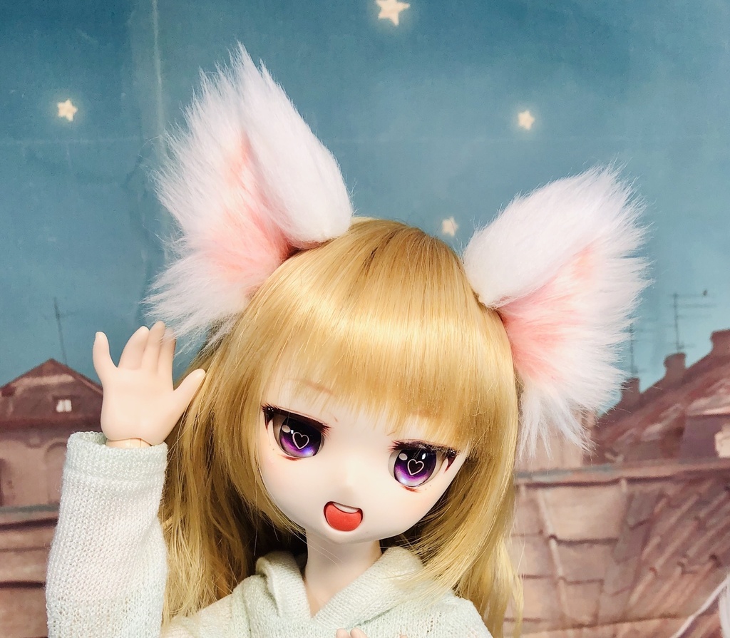 猫耳&二又しっぽセット/ホワイト×ピンク/DD*SD*MDD*MSD*40～60cmドールさん用