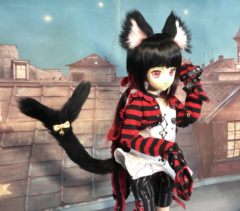 猫耳&二又しっぽセット/ブラック×ピンク/DD*SD*MDD*MSD*40～60cmドールさん用