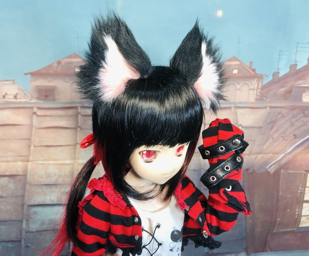 猫耳&二又しっぽセット/ブラック×ピンク/DD*SD*MDD*MSD*40～60cmドールさん用