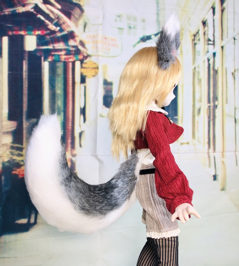 狼耳&しっぽ(大)セット/DD*SD*MDD*MSD*40~60cmドール向け/ムラ染めブラブラックグレー