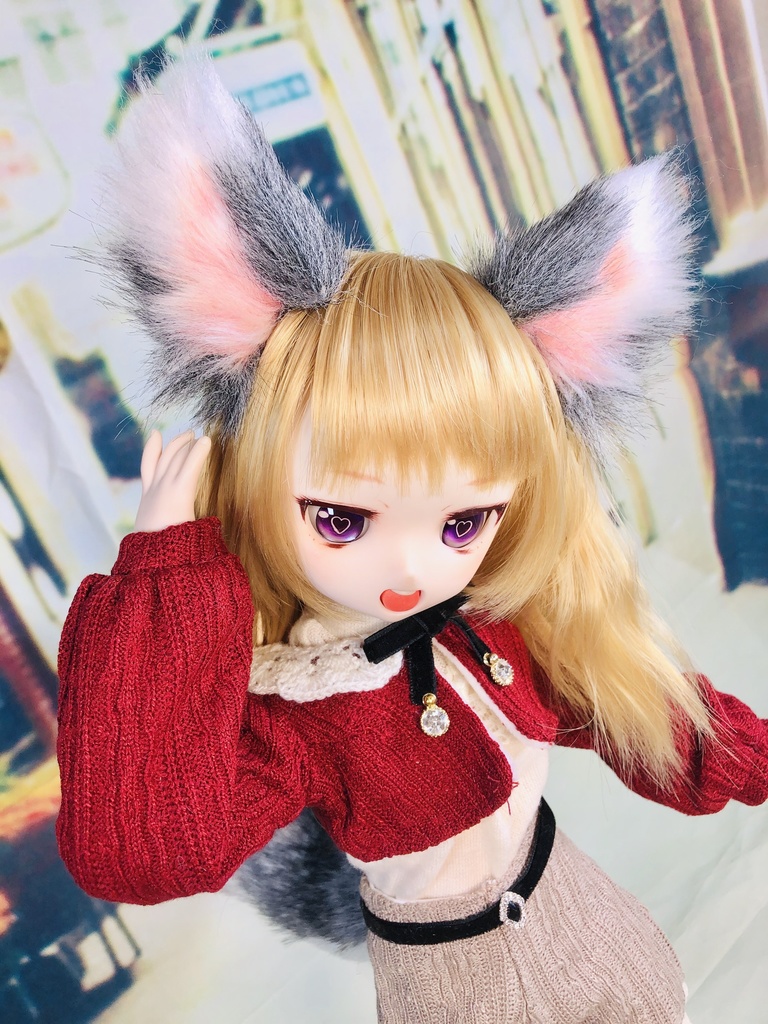 狼耳&しっぽ(大)セット/DD*SD*MDD*MSD*40~60cmドール向け/ムラ染めブラブラックグレー