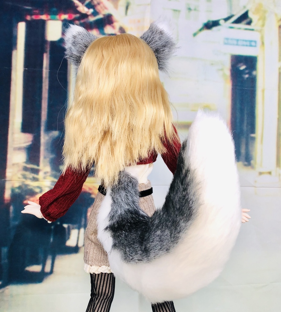 狼耳&しっぽ(大)セット/DD*SD*MDD*MSD*40~60cmドール向け/ムラ染めブラブラックグレー