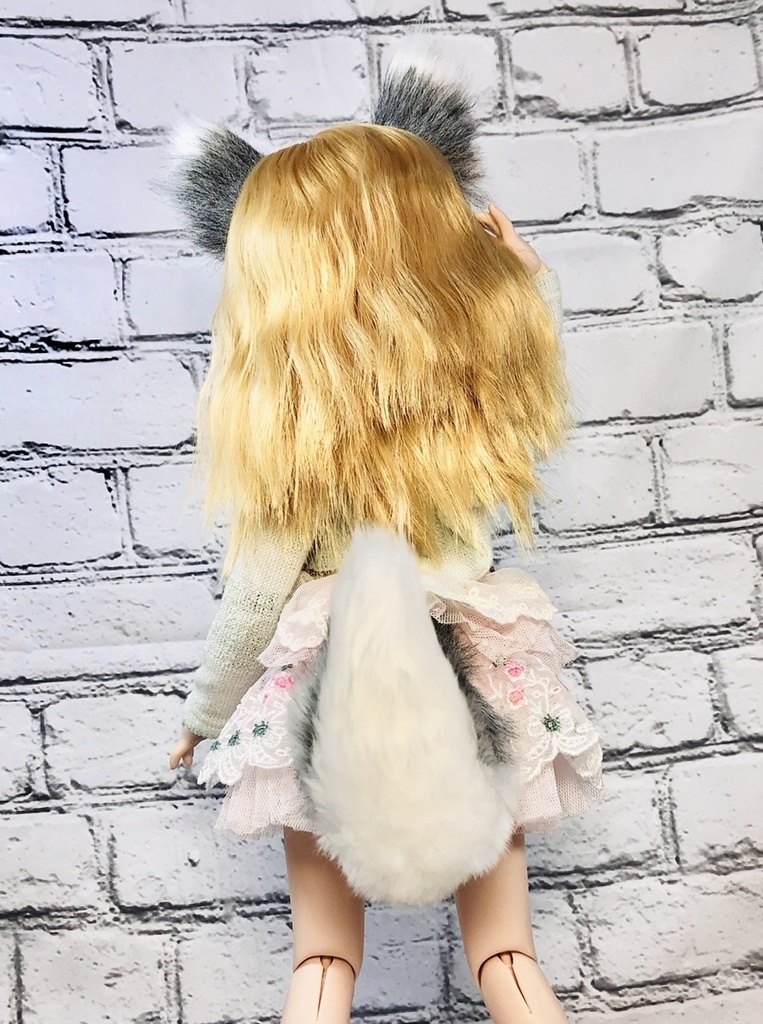 狼耳&しっぽセット/DD*SD*MDD*MSD*40~60cmドール向け/ムラ染めブラックグレー×ホワイト
