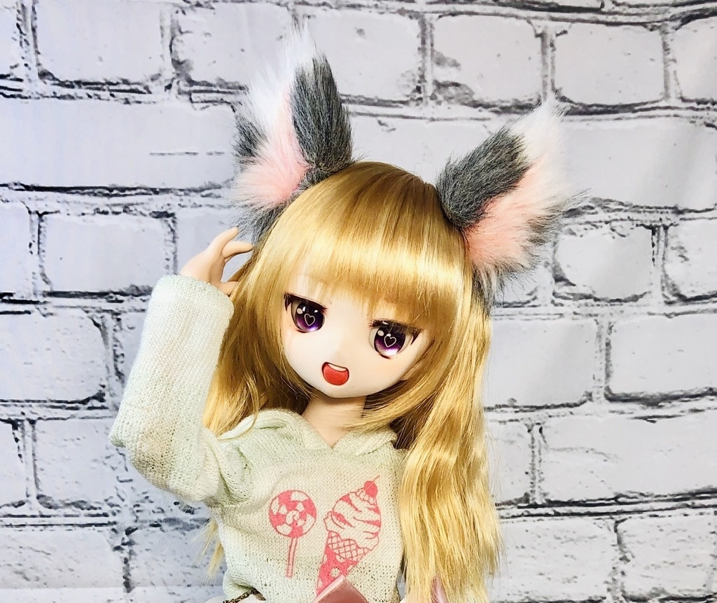 狼耳&しっぽセット/DD*SD*MDD*MSD*40~60cmドール向け/ムラ染めブラックグレー×ホワイト