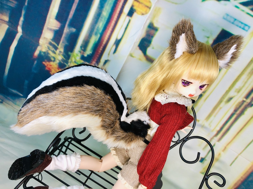 縞リス耳&しっぽセット/茶×黒/DD*SD*MDD*MSD*40~60cmドールさん用/ドルフィードリーム/獣耳アクセサリー