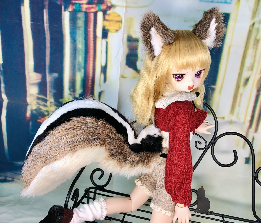 縞リス耳&しっぽセット/茶×黒/DD*SD*MDD*MSD*40~60cmドールさん用/ドルフィードリーム/獣耳アクセサリー