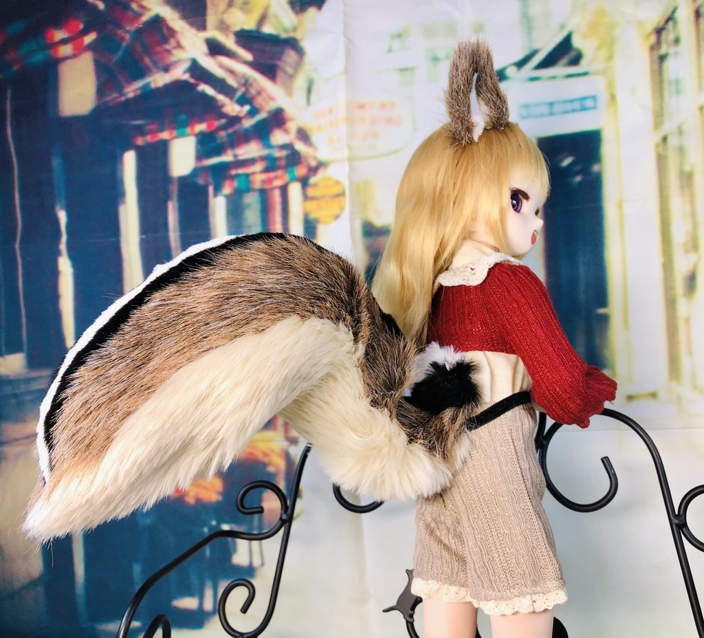 縞リス耳&しっぽセット/茶×黒/DD*SD*MDD*MSD*40~60cmドールさん用/ドルフィードリーム/獣耳アクセサリー