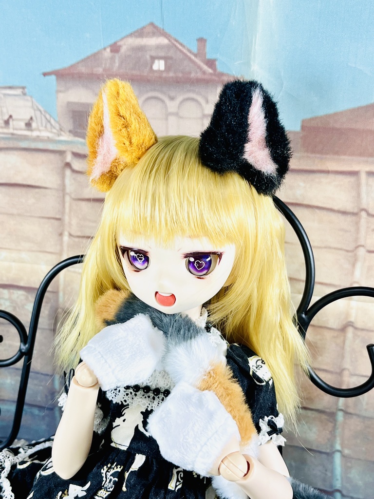 三毛猫耳&しっぽセット/ホワイト×ブラック×ブラウン/DD*SD*MDD*MSD*DDP40~60cmドール向け