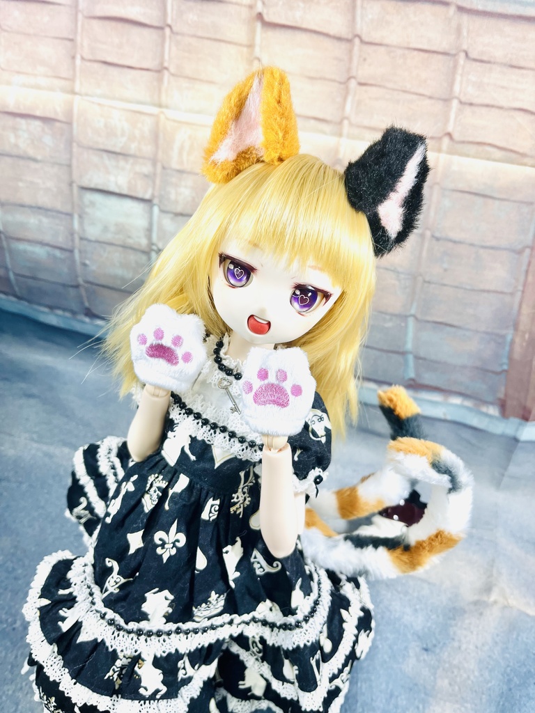 三毛猫耳&しっぽセット/ホワイト×ブラック×ブラウン/DD*SD*MDD*MSD*DDP40~60cmドール向け