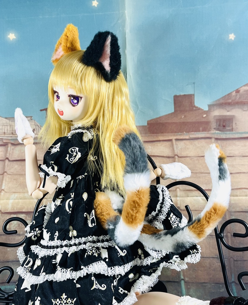 三毛猫耳&しっぽセット/ホワイト×ブラック×ブラウン/DD*SD*MDD*MSD*DDP40~60cmドール向け