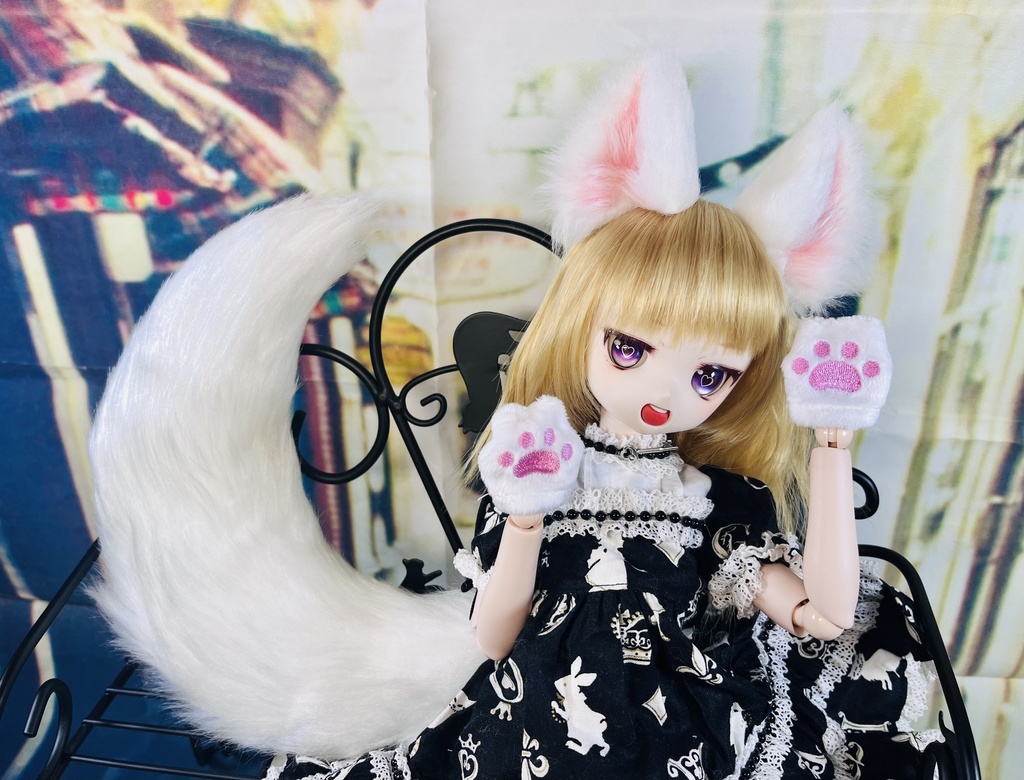 狐耳&狐しっぽセット/DD*SD*MDD*DDP*DDS*MSD*40～60cmドールさん向け/ドルフィードリーム/アクセサリー/白、モノクロ系