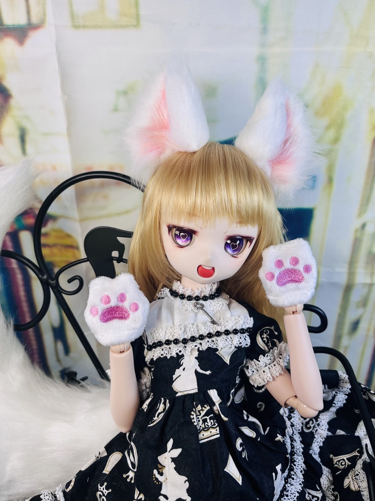 狐耳&狐しっぽセット/DD*SD*MDD*DDP*DDS*MSD*40~60cmドールさん向け/ドルフィードリーム/アクセサリー/白、モノクロ系