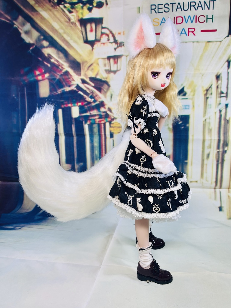 狐耳&狐しっぽセット/DD*SD*MDD*DDP*DDS*MSD*40~60cmドールさん向け/ドルフィードリーム/アクセサリー/白、モノクロ系