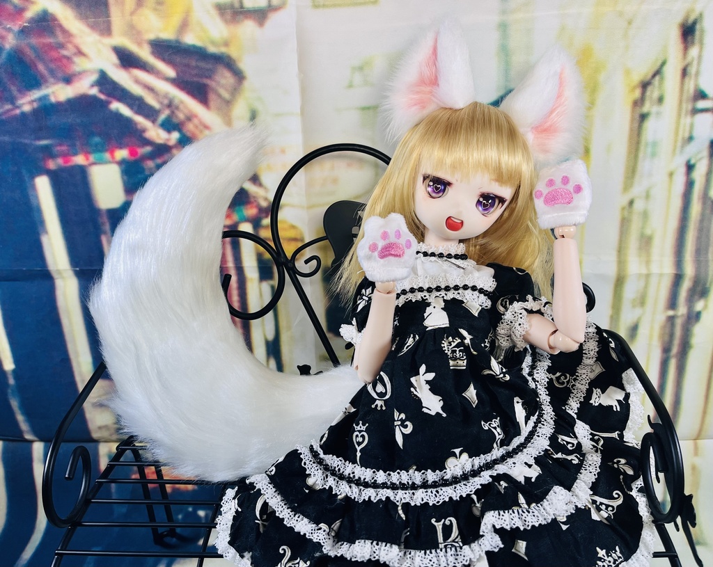狐耳&狐しっぽセット/DD*SD*MDD*DDP*DDS*MSD*40~60cmドールさん向け/ドルフィードリーム/アクセサリー/白、モノクロ系