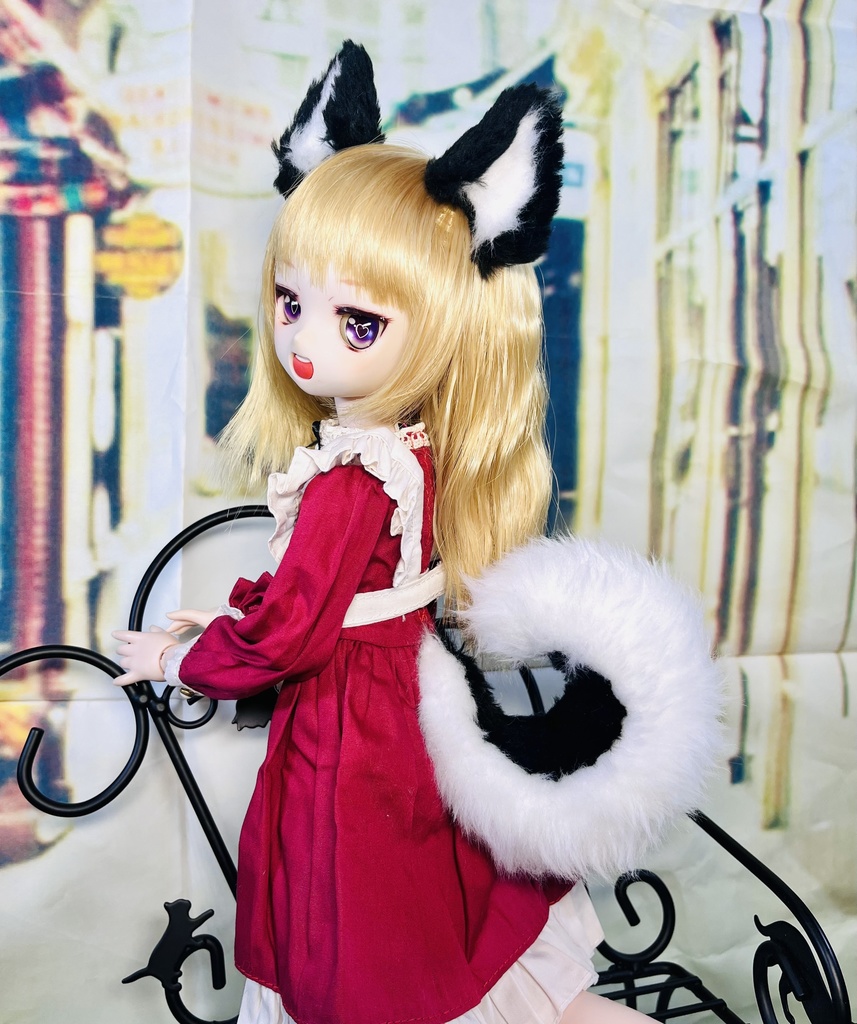 黒柴犬耳＆しっぽセット/ブラック×ホワイト/DD*SD*MDD*MSD*40～60cmドール向け
