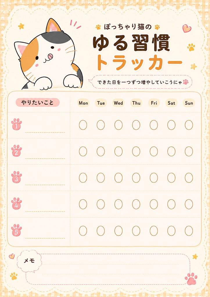ぽっちゃり猫のゆる習慣トラッカー5種類セット(PDF)