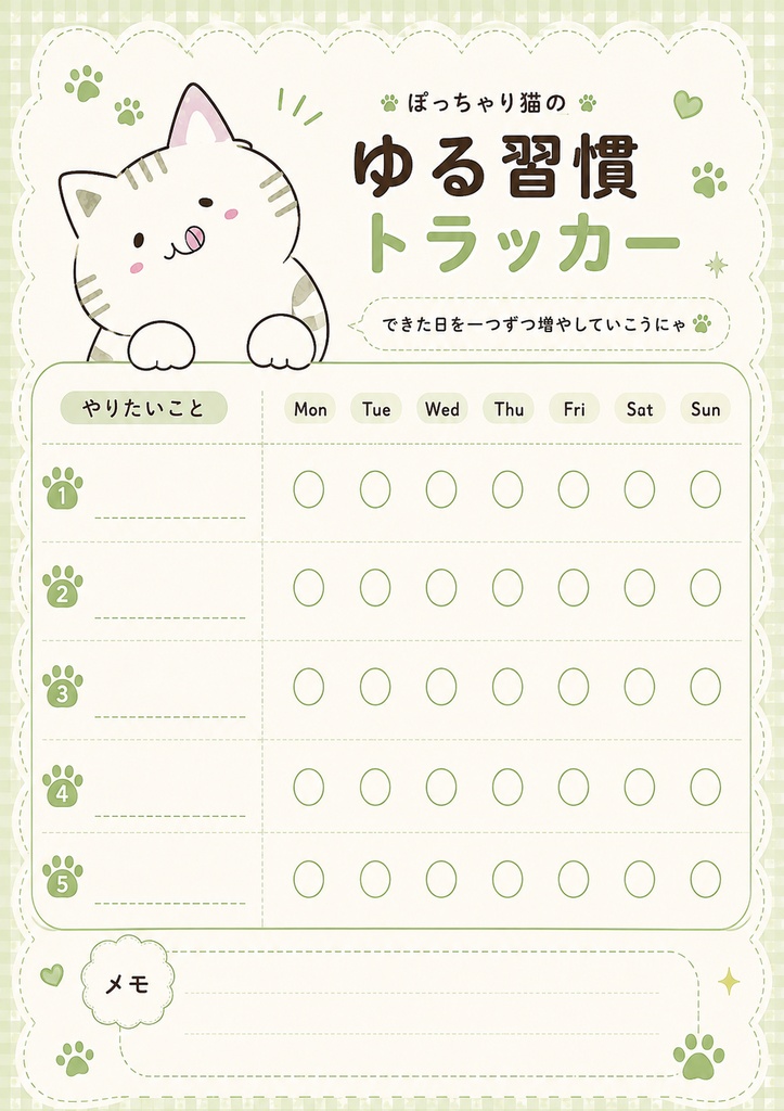 ぽっちゃり猫のゆる習慣トラッカー5種類セット(PDF)