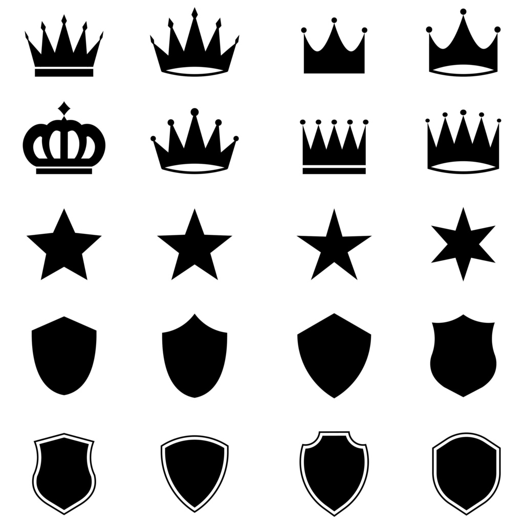 王冠や盾のモノクロアイコンセット