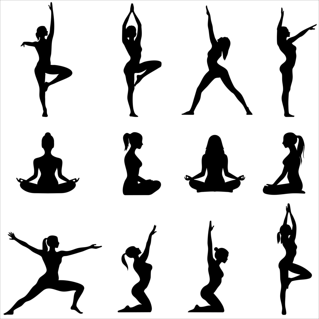 ヨガや瞑想に関するポーズのシルエットセット