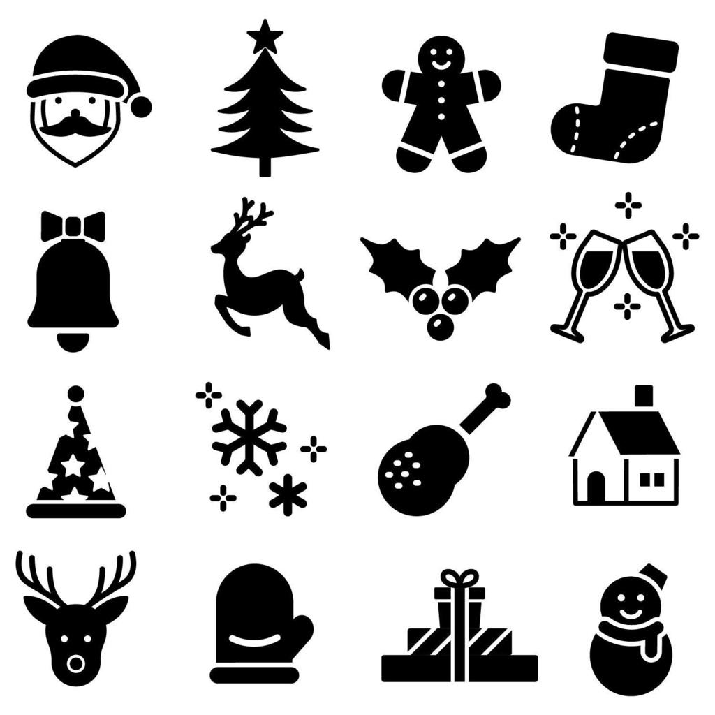 モノクロのクリスマスのシルエットアイコンセット