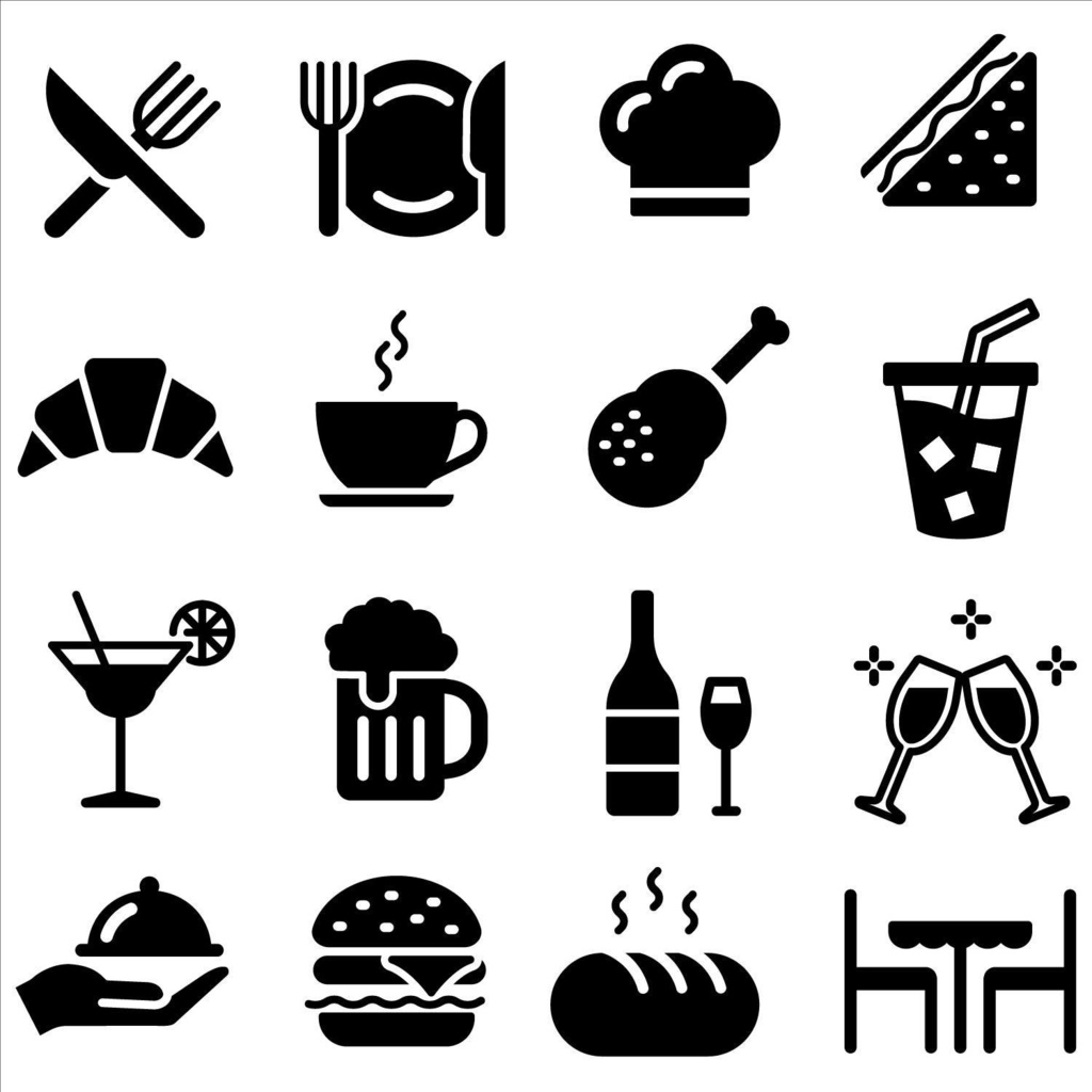 モノクロの食べ物と飲み物のシルエットアイコンセット