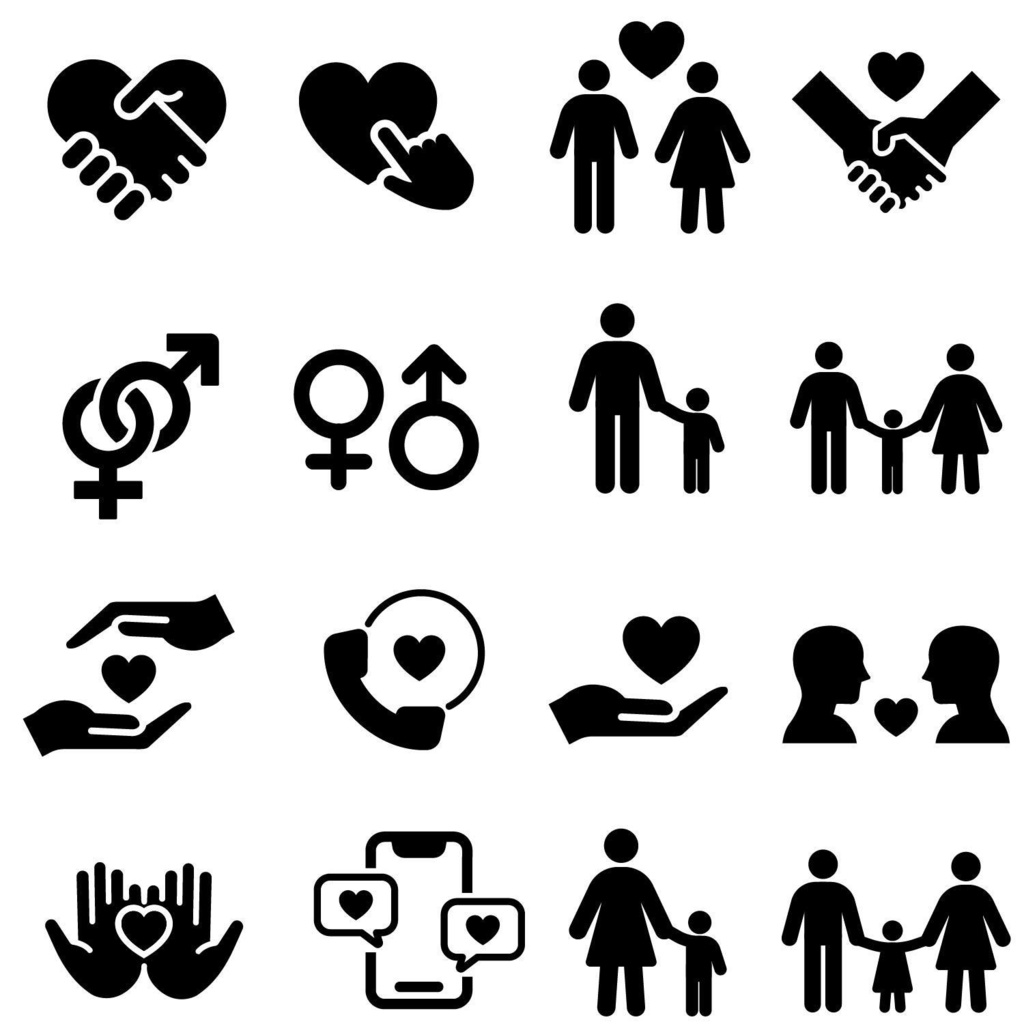 モノクロのハートのシルエットアイコンセット