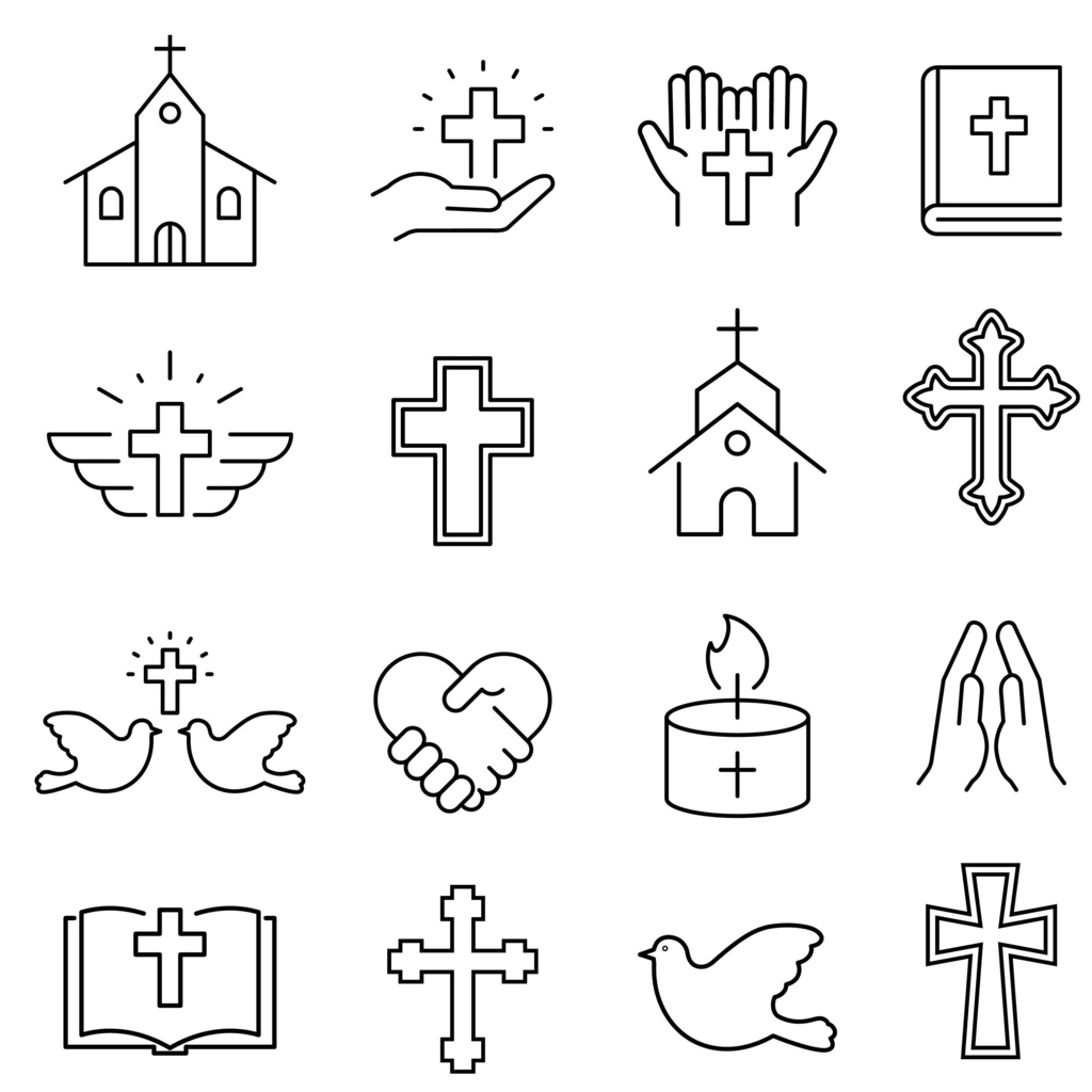 教会と十字架の線画アイコンセット