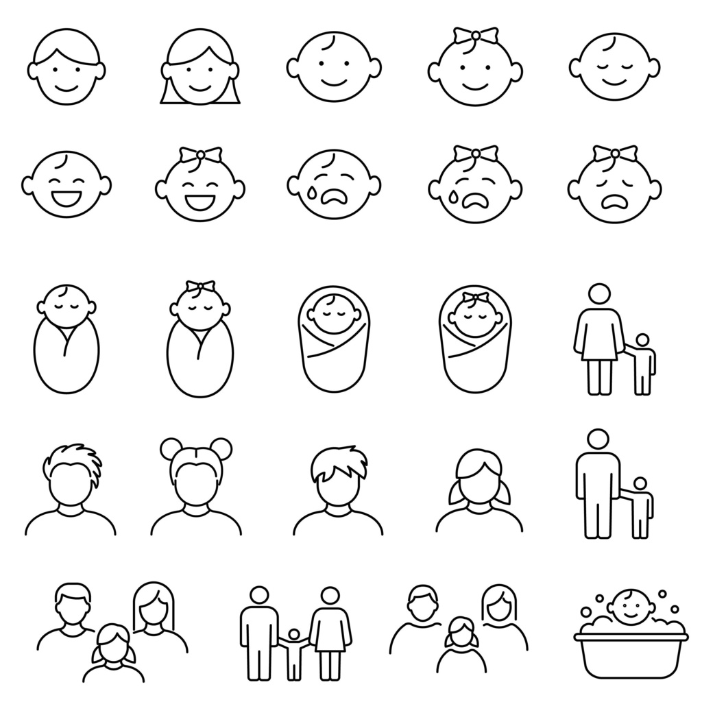 赤ちゃんと家族の線画アイコンセット